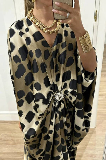 Airy Satin Unique Print V-neck Gemstone Embellished Drape Robe Maxi Dress
