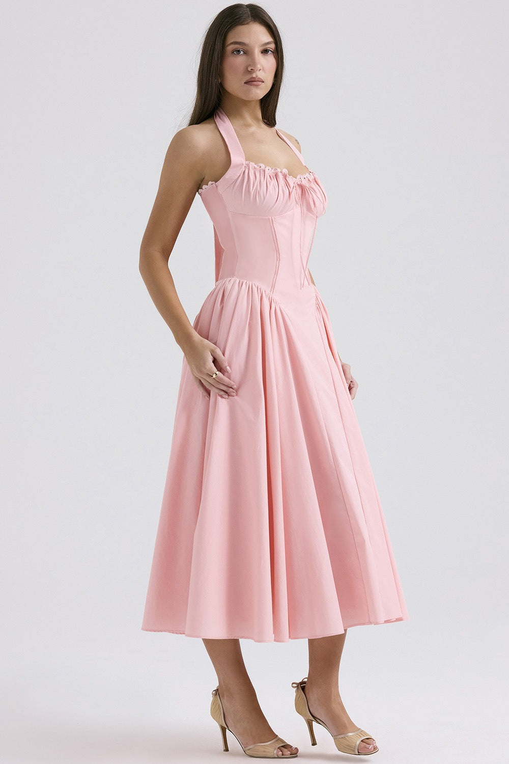 Floral Halter Lace Trim Long Sleeveless Prom Dress