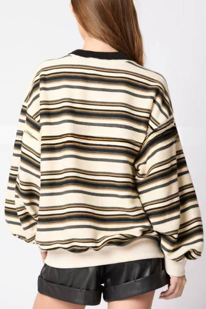 Striped Lapel Long-sleeved Top Loose Casual Sweatshirt