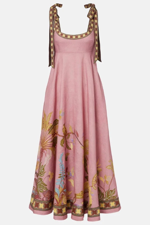 Linen Blend Unique Printed Tie-up Suspenders Pocket Elegant Vacation Maxi Dress