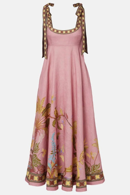 Linen Blend Unique Printed Tie-up Suspenders Pocket Elegant Vacation Maxi Dress