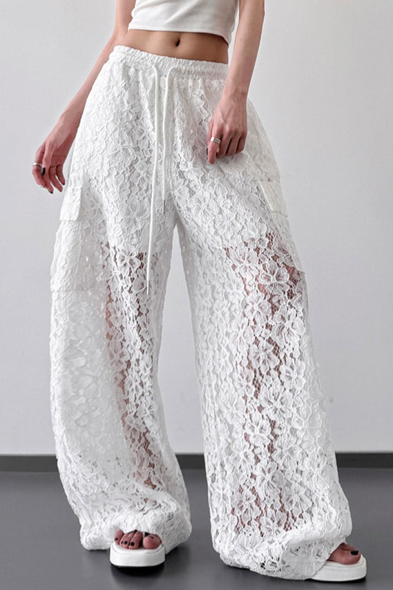 White Lace Cutout Casual Wide Leg Pants