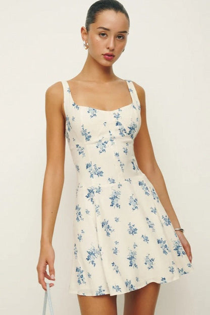Square Neck Backless Strap A Line Floral Dress
