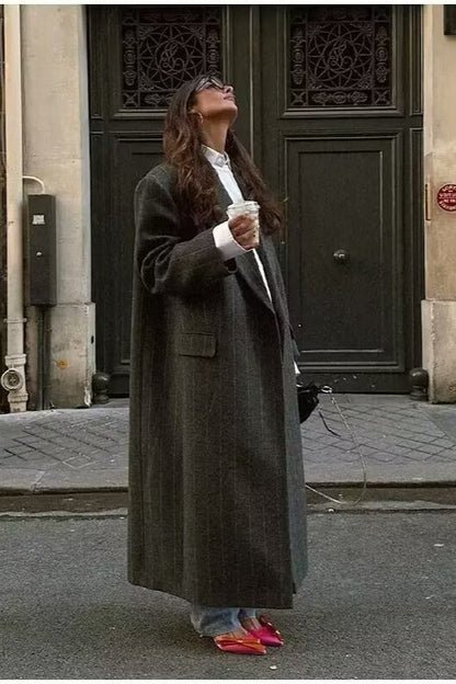 Knit Stripe Wool Blend Casual Overcoat