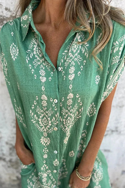 Linen Blend Unique Print Lapel Casual Pocket Mini Dress