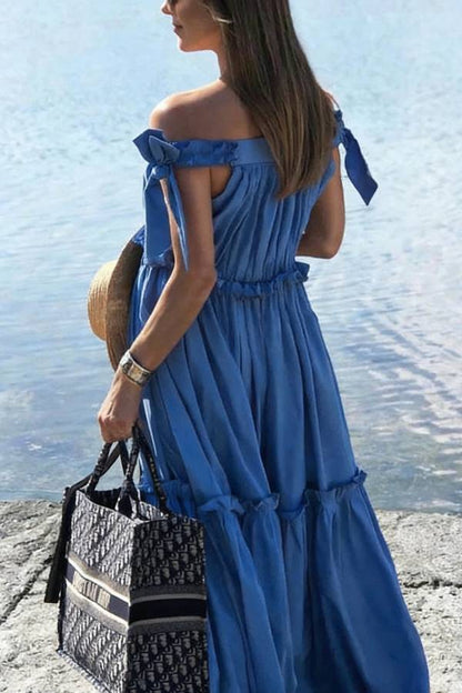 Ocean House Elastic Knotted Shoulder Straps Ruffles Pocket A-line Maxi Dress