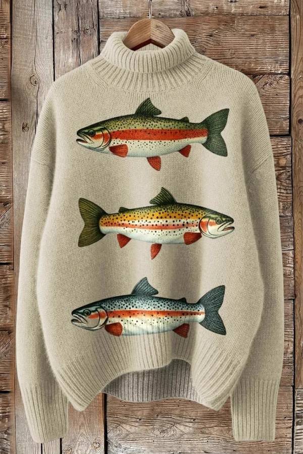 Trout print high-neck loose-fitting sweater