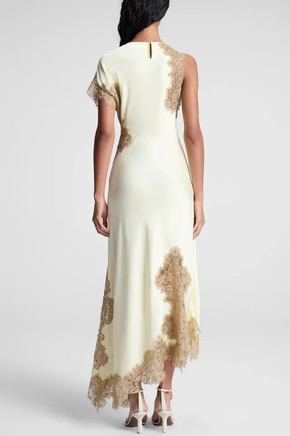 Paris Dream Satin Lace Trim Irregular Design Drape Maxi Dress