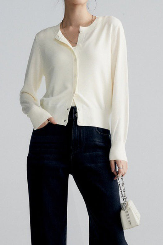 Solid Color Round Neck Knit Cardigan