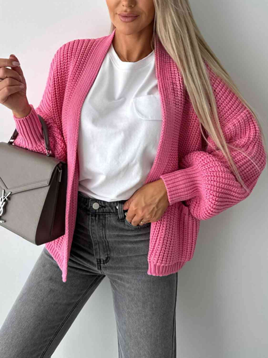 Solid Color V-neck Long-sleeved Casual Knitted Cardigan