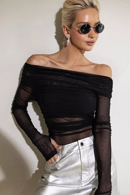 Off Shoulder Sheer Mesh Slim Fit Long Sleeve Tee