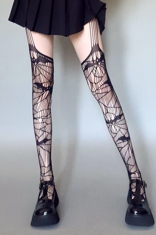 Gothic Bat Fishnet Suspender Thigh-High Stockings