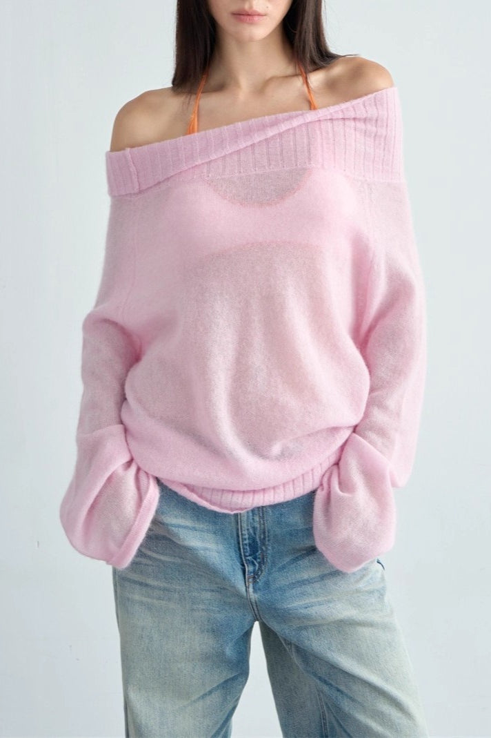 Sheer One Shoulder Wool Knit Top