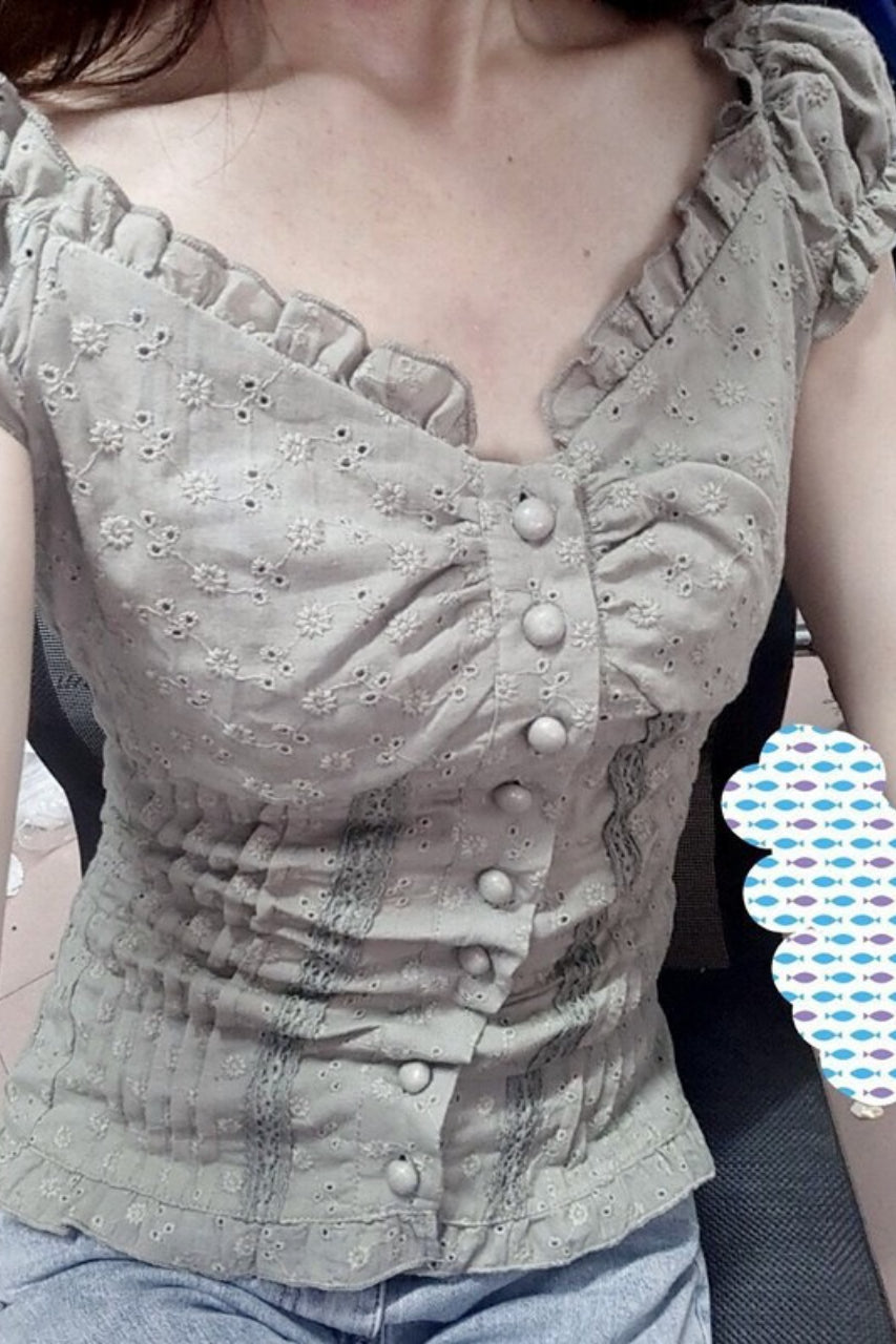 Lace Trim V Neck Button Front Slim Blouse
