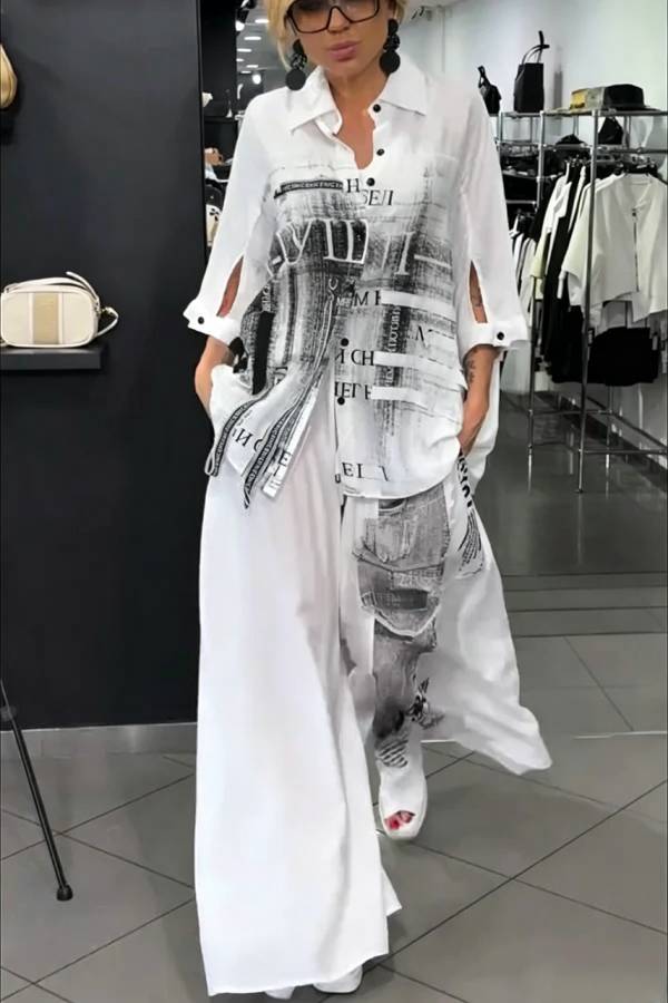 Street Style Graffiti Print Button Half Sleeve Blouse and Elastic Waist Pocket Wide Leg Pants Set