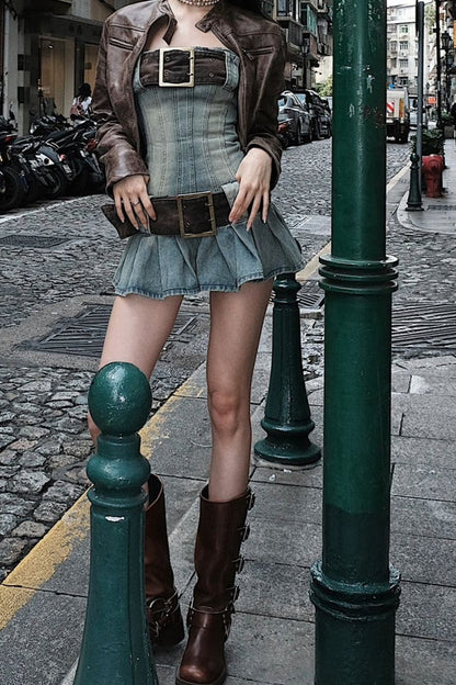 Retro Belted Denim Dress