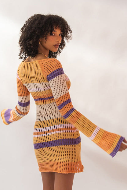 Striped Knit Cut Out Mini Bodycon Sweater Dress