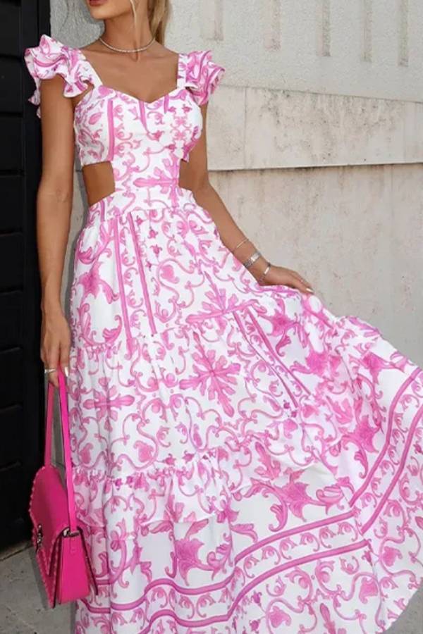 Pink & White Baroque Print Backless Ruffle Tiered Maxi Dress