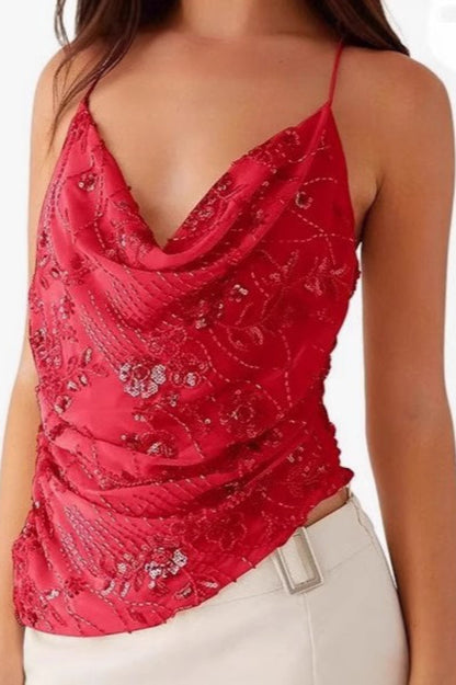 Printed Sequin Back Tie Tank Top