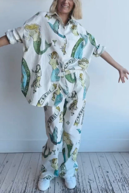 Linen-blend Mermaid-print Shirt Top and Elastic-waisted Loose Pants Set