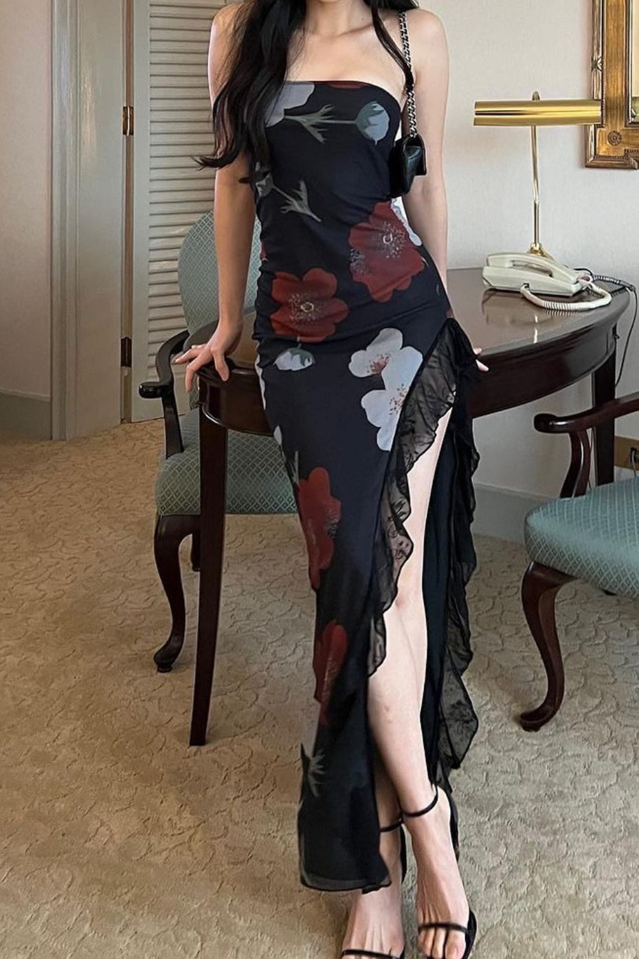 Off Shoulder Mesh Strapless Slit Slim Floral Dress