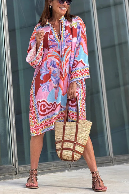 Lucia Linen Blend Vacation-style Print Tie-up Neck Long Sleeve Pocket Loose Mini Dress