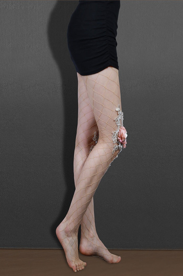 Embroidered Flower Pearl Nude Fishnet Tights