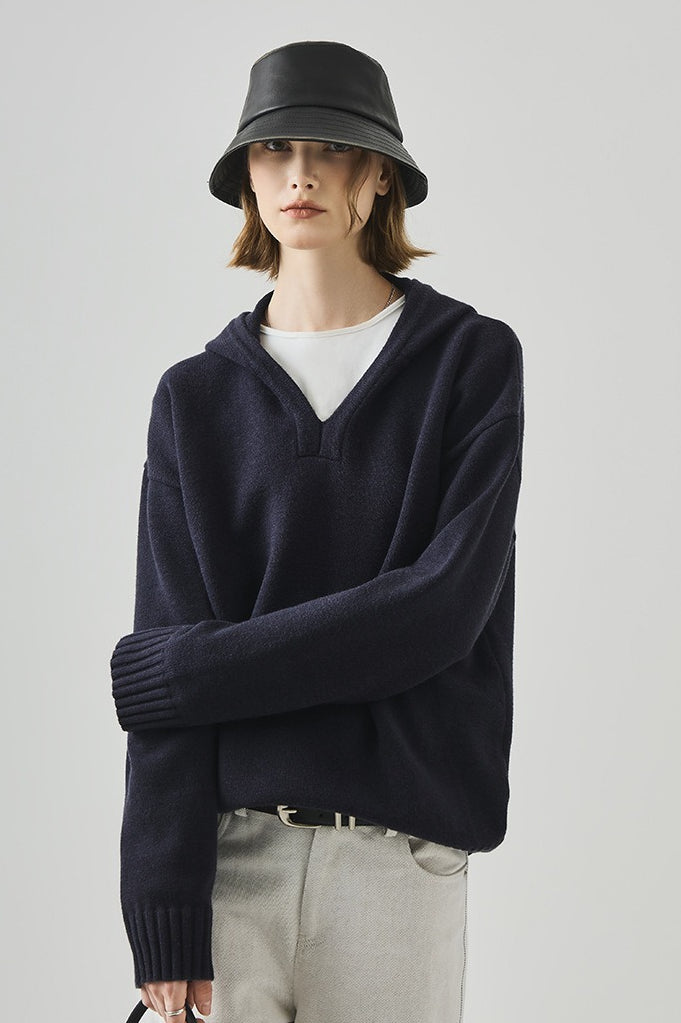 Slouchy V-Neck Hooded Sweater