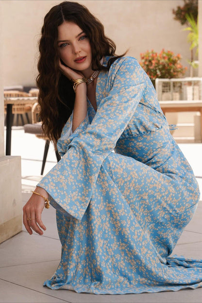 Elegant V Neck Flare Sleeve Maxi Floral Dress