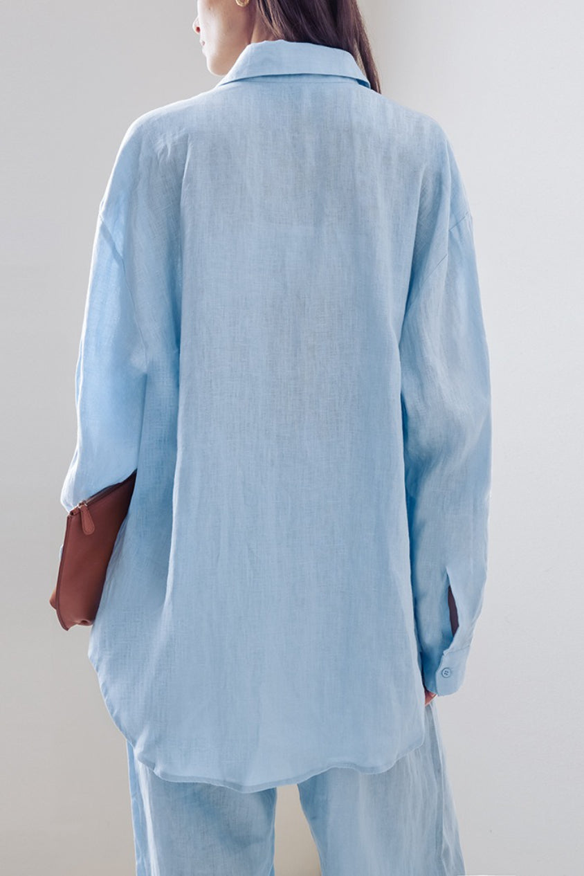 Relaxed Linen Blend Blouse Wide Leg Two Piece Pants Set