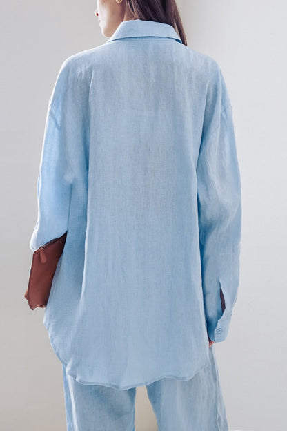 Relaxed Linen Blend Blouse Wide Leg Two Piece Pants Set