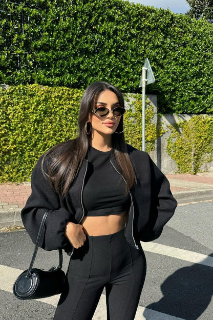 Faux Wool Short Zip Bomber Jacket