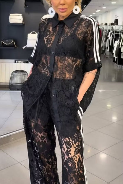 Mix Fashion Lace Striped Trim Short Sleeve Button Shirt and Elastic Waist Pocket Loose Pants Set