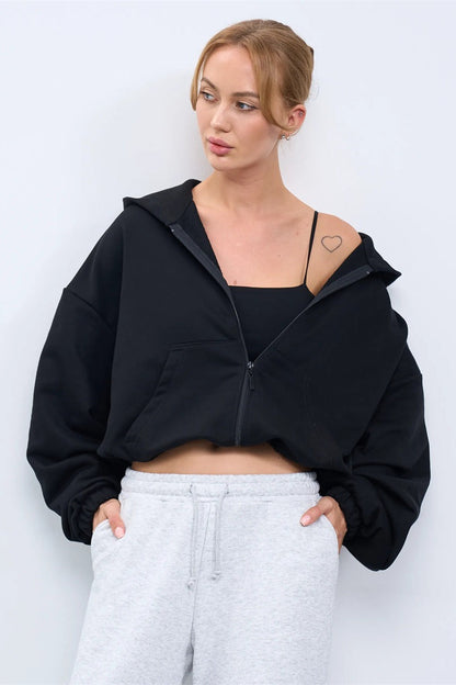 Cropped Fleece Zip Adjustable Waist Hoodie
