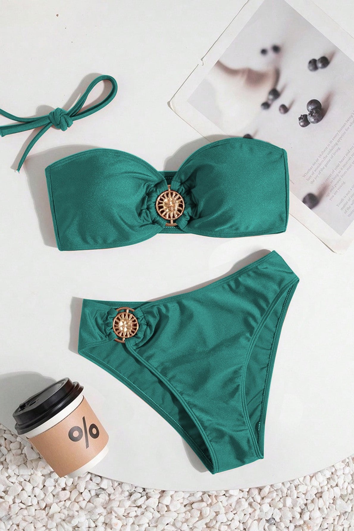 Retro High Waist Metal Detail Halter Strapless Bikini Set