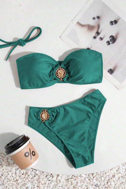 Retro High Waist Metal Detail Halter Strapless Bikini Set
