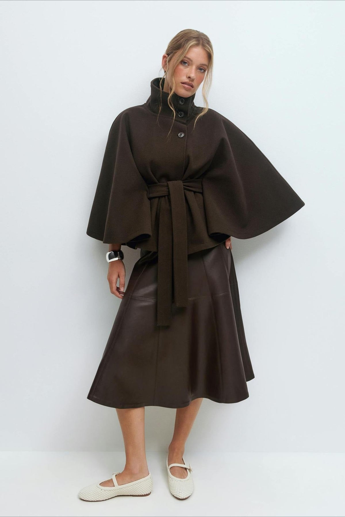 High Neck Button Detail Batwing Sleeve Coat