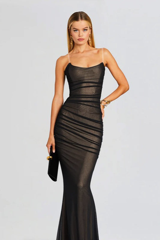 Mesh Ruched Strapless Slip Dress