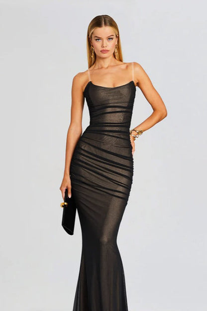 Mesh Ruched Strapless Slip Dress
