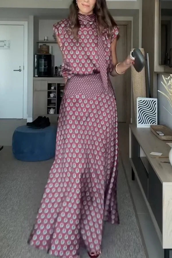 Dalena Satin Art Print High Tie-up Neck Short Sleeve Top and High Rise Maxi Skirt Set