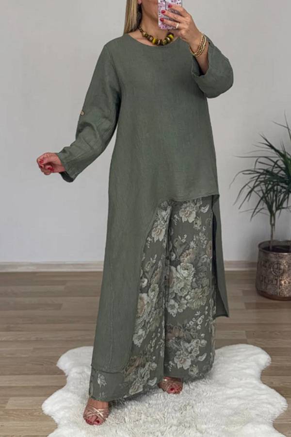 Irregular Linen Tunic & Vintage Floral Wide Leg Pant 2-Piece Set
