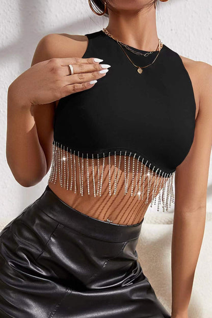 Rhinestone Fringe Trim Sleeveless Crop Top
