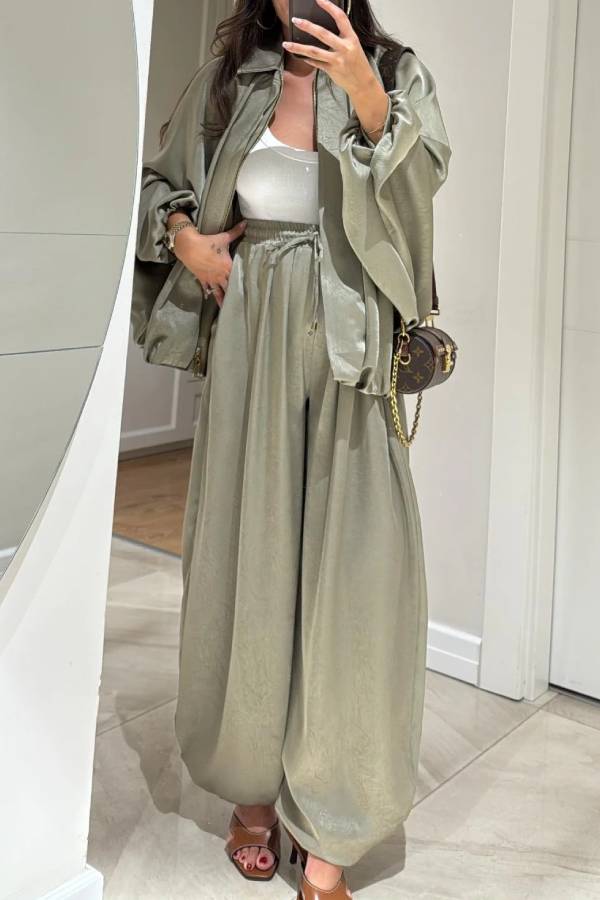 Brown Jacket + Drawstring Pants Casual Two-piece Suit