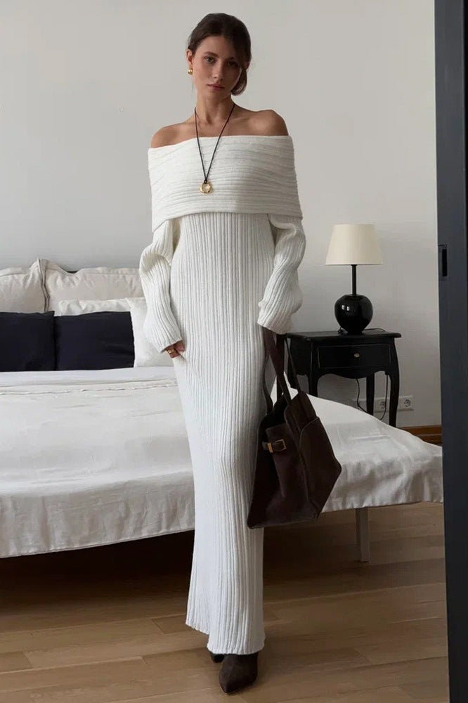 Knit Off Shoulder Long Sleeve Bodycon Sweater Dress