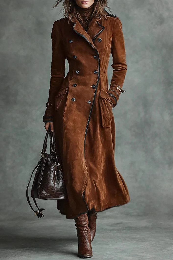 Suede Lapel Western Long Stylish Overcoat