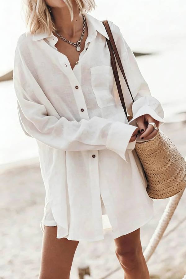Go To The Beach Linen Blend Pocketed Long Sleeve Oversized Shirt