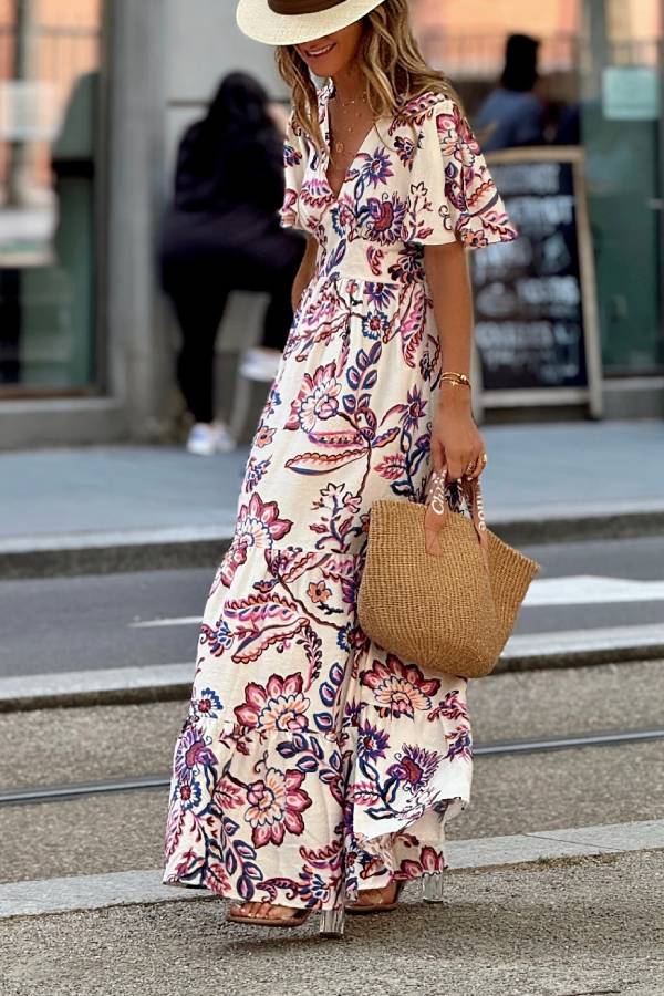 Bohemian Floral Print V-Neck Waist-Tiered Maxi Dress