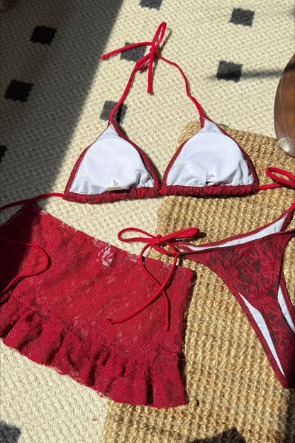Lace Cutout Halter Tie Three Piece Swim Set