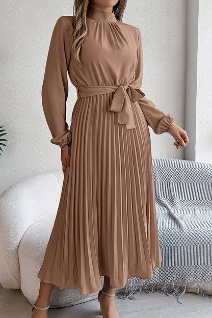 Mock Neck Lantern Sleeve Belted Pleated A-Line Midi Dress