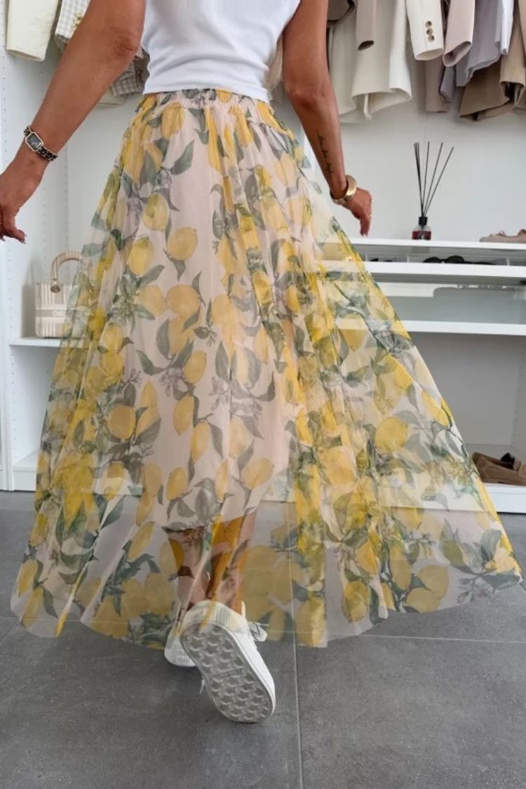 Summer Lemon Print Elastic Waist Tulle Holiday Midi Skirt